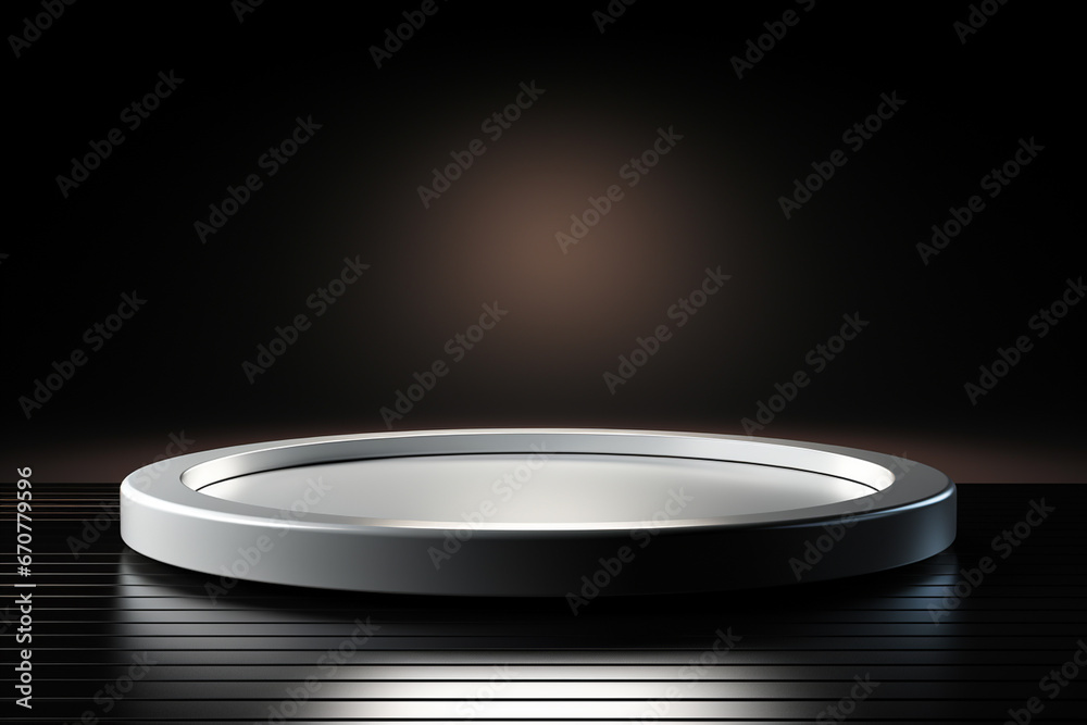 Ai Generative photo white light round podium and black background for mock up realistic image Ai Generative photo white light round podium and black background for mock up realistic image