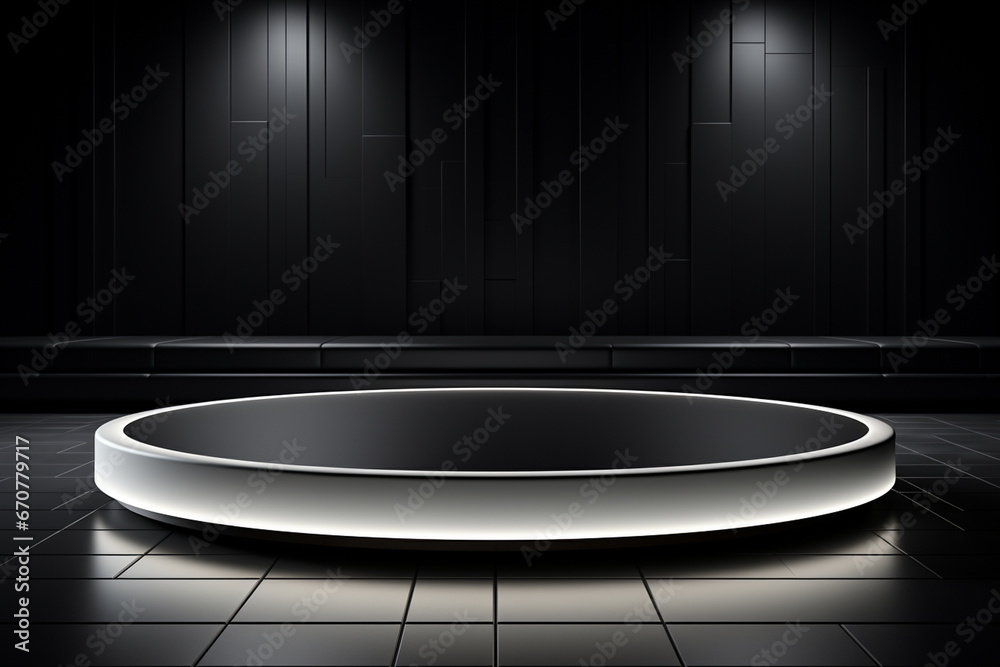 Ai Generative photo white light round podium and black background for mock up realistic image Ai Generative photo white light round podium and black background for mock up realistic image