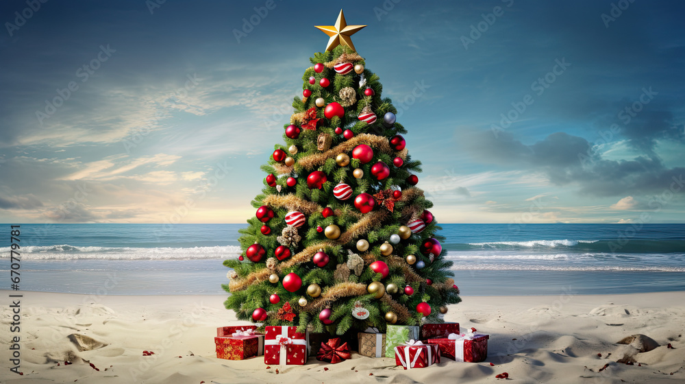 a christmas tree on sandy beach - obrazy, fototapety, plakaty 