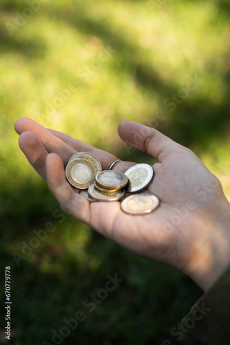 Woman hand with euro coins with green grass with sun on background