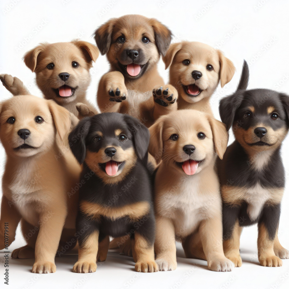 collection of adorable happy puppies on white background generative ai