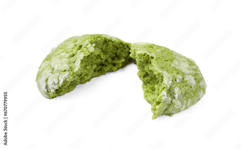Halves of tasty matcha cookie isolated on white