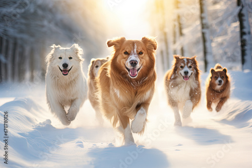 group of dogs running in the forest on snow