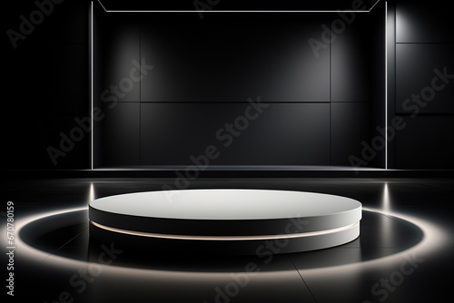 Ai Generative photo white light round podium and black background for mock up realistic image