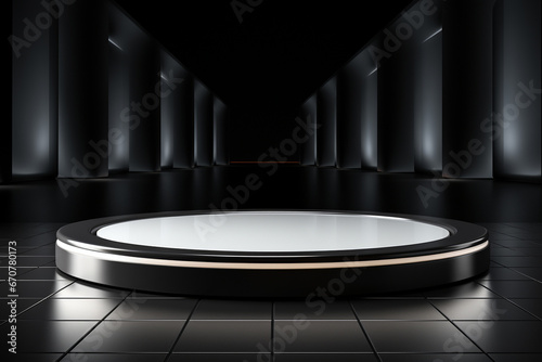 Ai Generative photo white light round podium and black background for mock up realistic image