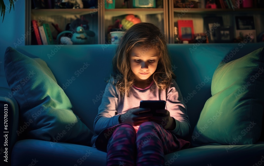 Obraz premium Smiling girl is relaxing on a couch while using her smartphone