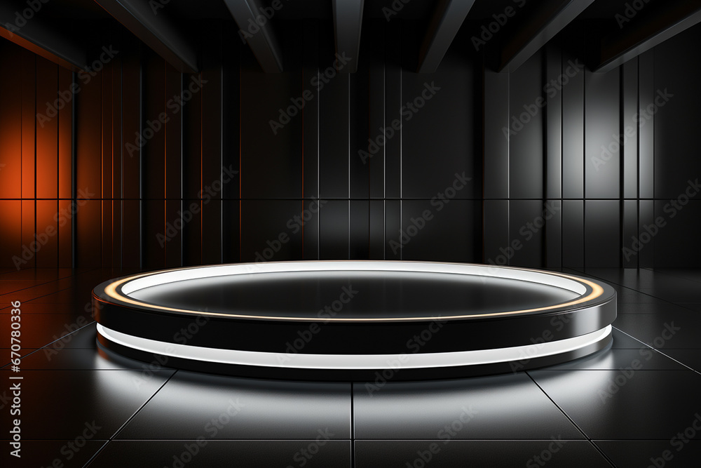 Ai Generative photo white light round podium and black background for mock up realistic image