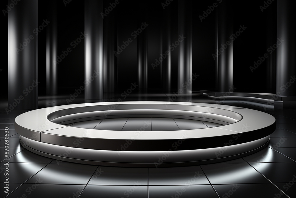 Ai Generative photo white light round podium and black background for mock up realistic image Ai Generative photo white light round podium and black background for mock up realistic image