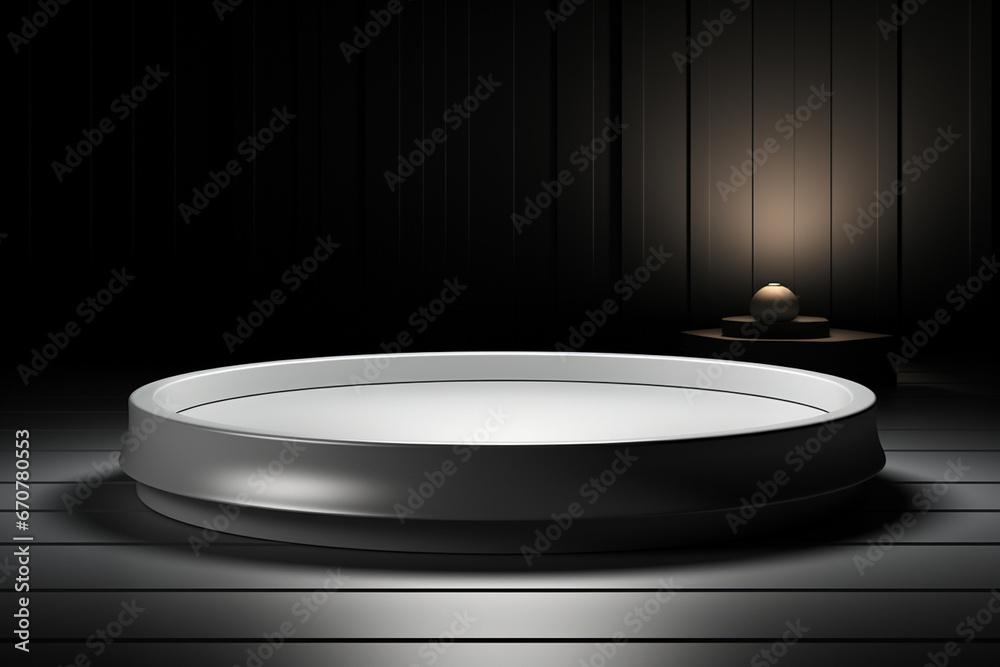 Ai Generative photo white light round podium and black background for mock up realistic image Ai Generative photo white light round podium and black background for mock up realistic image