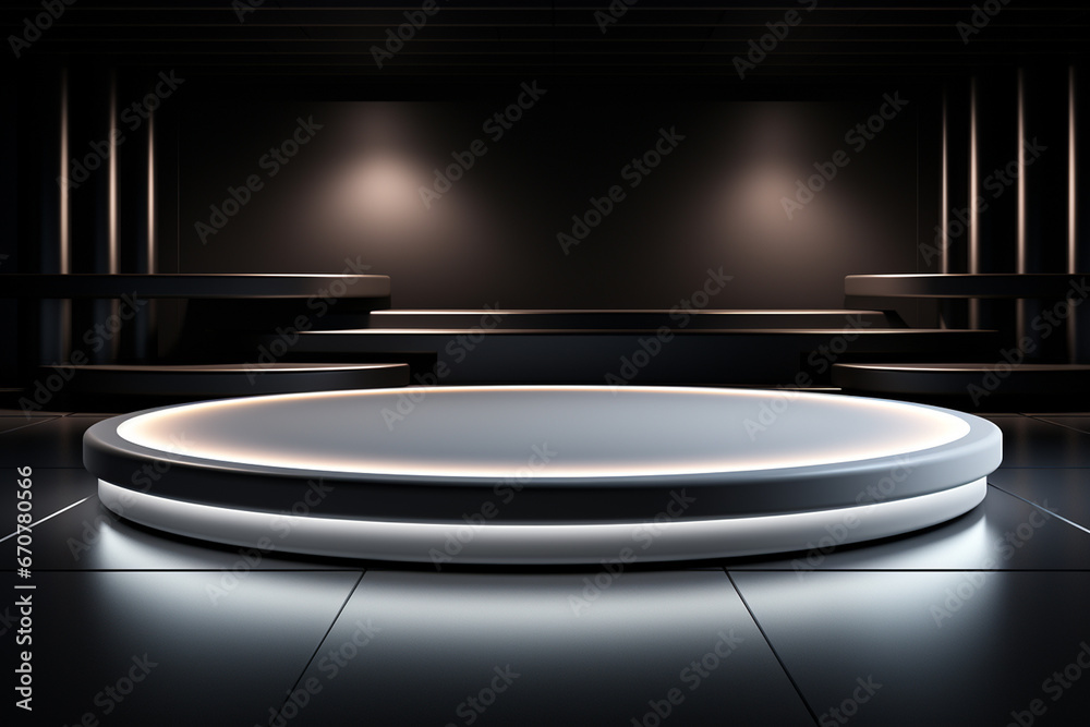 Ai Generative photo white light round podium and black background for mock up realistic image Ai Generative photo white light round podium and black background for mock up realistic image