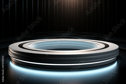 Ai Generative photo white light round podium and black background for mock up realistic image