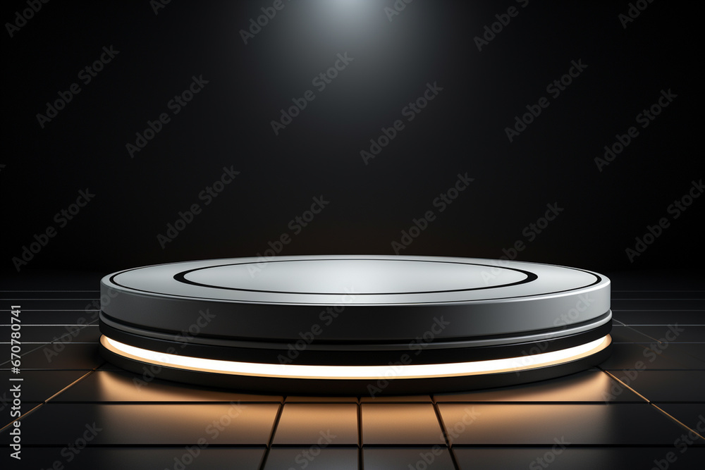 Ai Generative photo white light round podium and black background for mock up realistic image Ai Generative photo white light round podium and black background for mock up realistic image