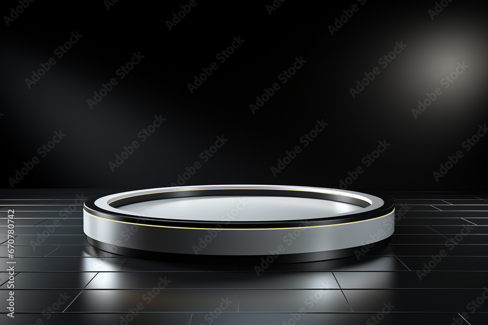Ai Generative photo white light round podium and black background for mock up realistic image Ai Generative photo white light round podium and black background for mock up realistic image