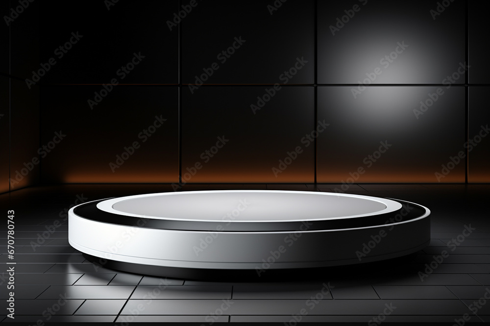Ai Generative photo white light round podium and black background for mock up realistic image Ai Generative photo white light round podium and black background for mock up realistic image