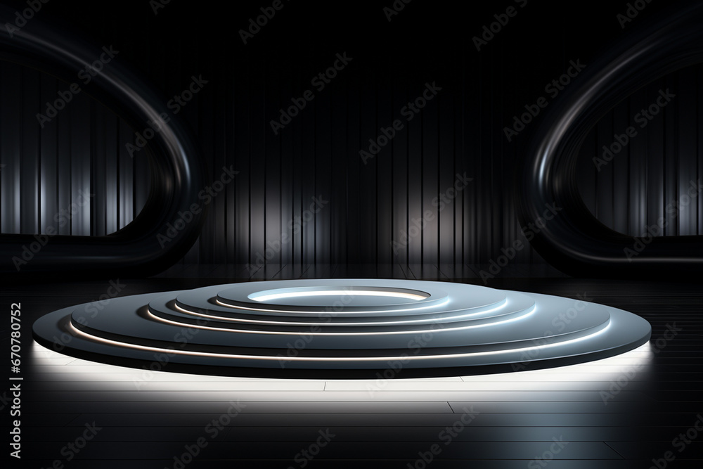 Ai Generative photo white light round podium and black background for mock up realistic image Ai Generative photo white light round podium and black background for mock up realistic image