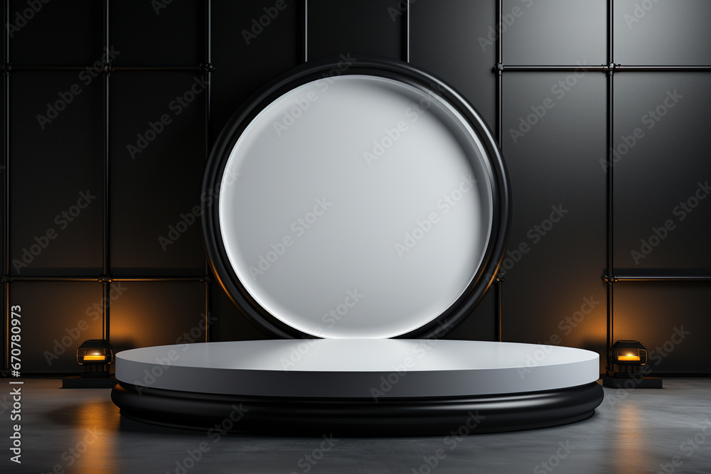 Ai Generative photo white light round podium and black background for mock up realistic image Ai Generative photo white light round podium and black background for mock up realistic image