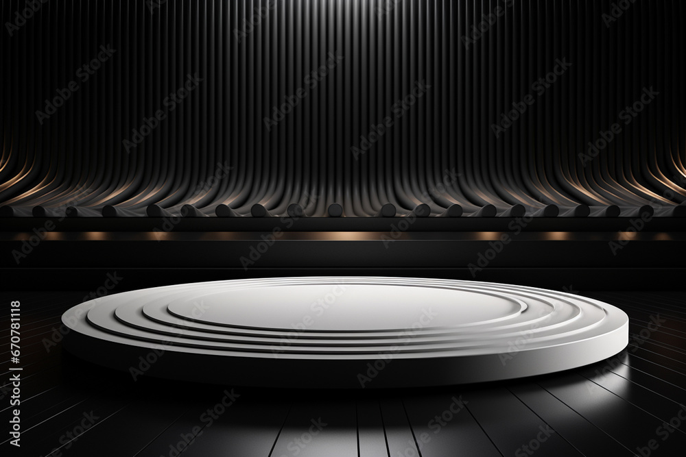 Ai Generative photo white light round podium and black background for mock up realistic image Ai Generative photo white light round podium and black background for mock up realistic image