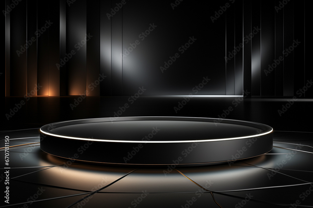 Ai Generative photo white light round podium and black background for mock up realistic image Ai Generative photo white light round podium and black background for mock up realistic image