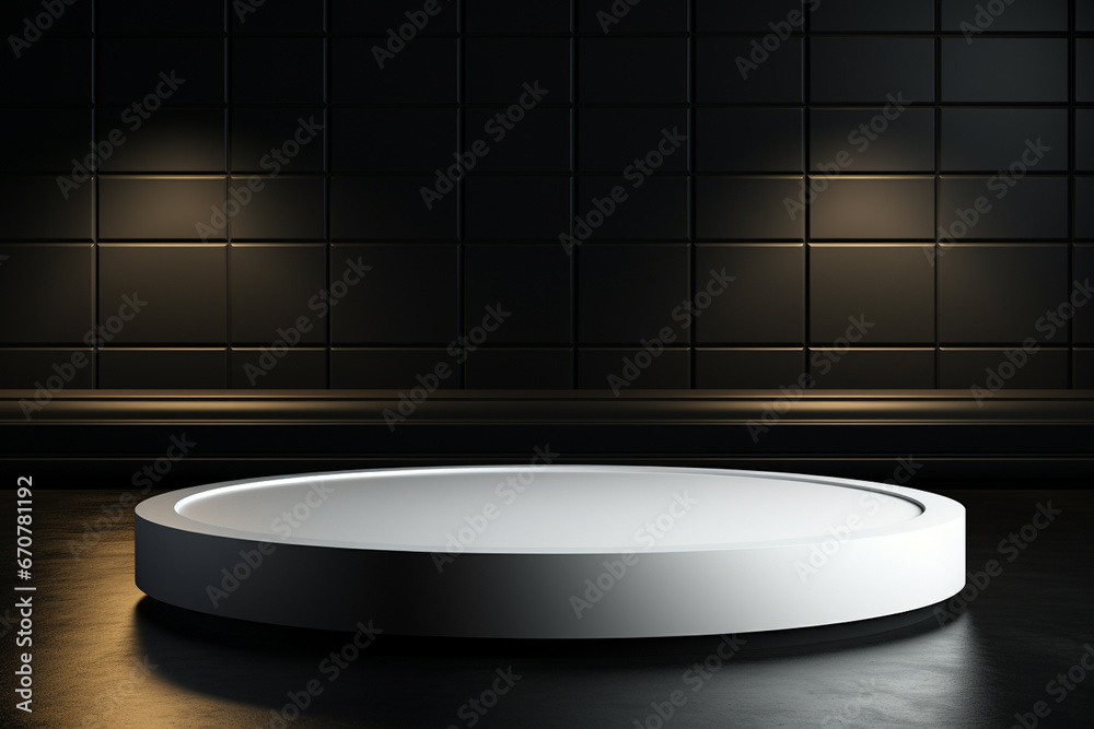 Ai Generative photo white light round podium and black background for mock up realistic image Ai Generative photo white light round podium and black background for mock up realistic image