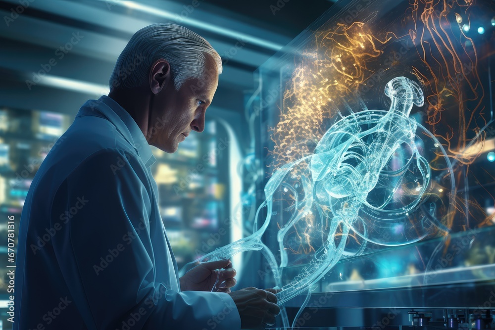 Scientist in lab coat working with futuristic interface, 3D rendering, Modern Medical Research Laboratory of High-Tech Equipment, futuristic laboratory Scientist in lab coat working with futuristic interface, 3D rendering, Modern Medical Research Laboratory of High-Tech Equipment, futuristic laboratory
