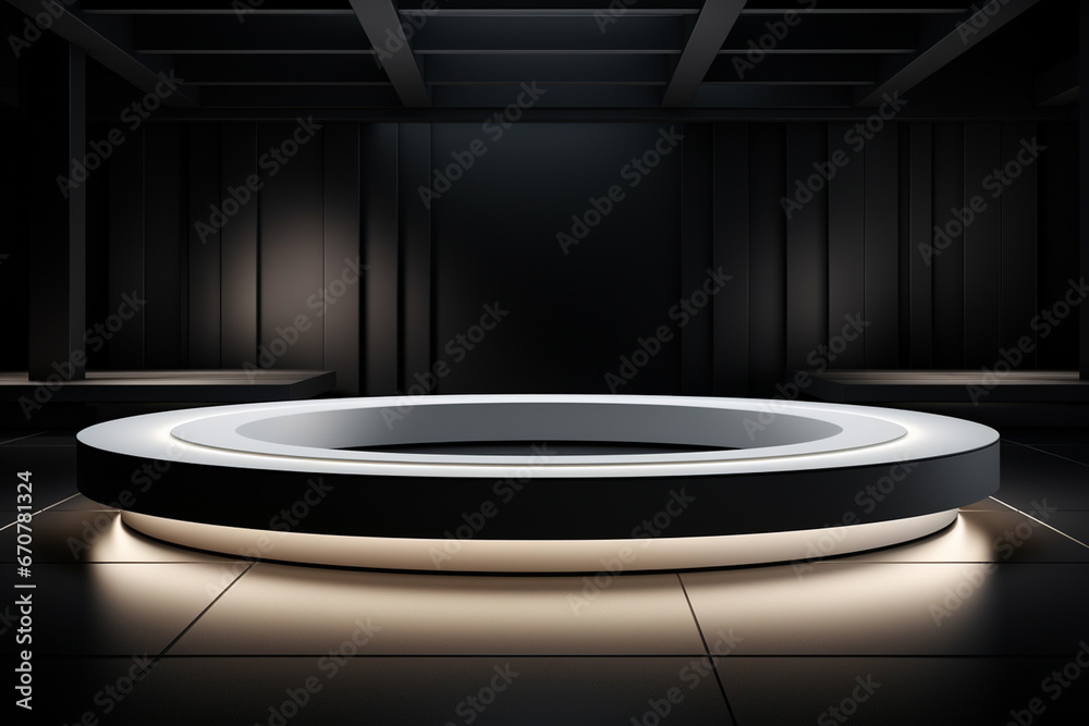 Ai Generative photo white light round podium and black background for mock up realistic image
