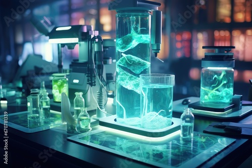 Science laboratory interior with equipment and science experiments, modern technology, Science laboratory research and development concept, 3D rendering toned image,