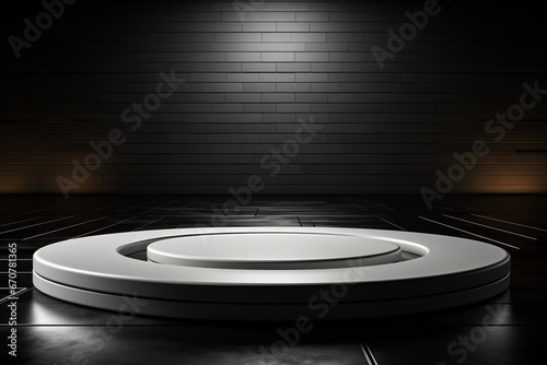Ai Generative photo white light round podium and black background for mock up realistic image 