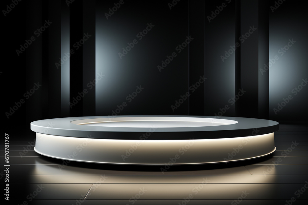 Ai Generative photo white light round podium and black background for mock up realistic image Ai Generative photo white light round podium and black background for mock up realistic image