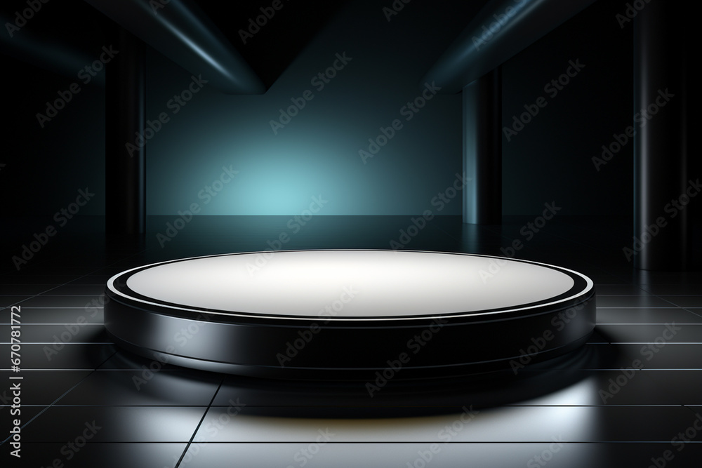 Ai Generative photo white light round podium and black background for mock up realistic image Ai Generative photo white light round podium and black background for mock up realistic image
