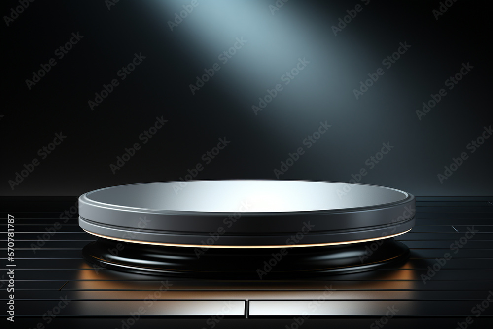 Ai Generative photo white light round podium and black background for mock up realistic image Ai Generative photo white light round podium and black background for mock up realistic image