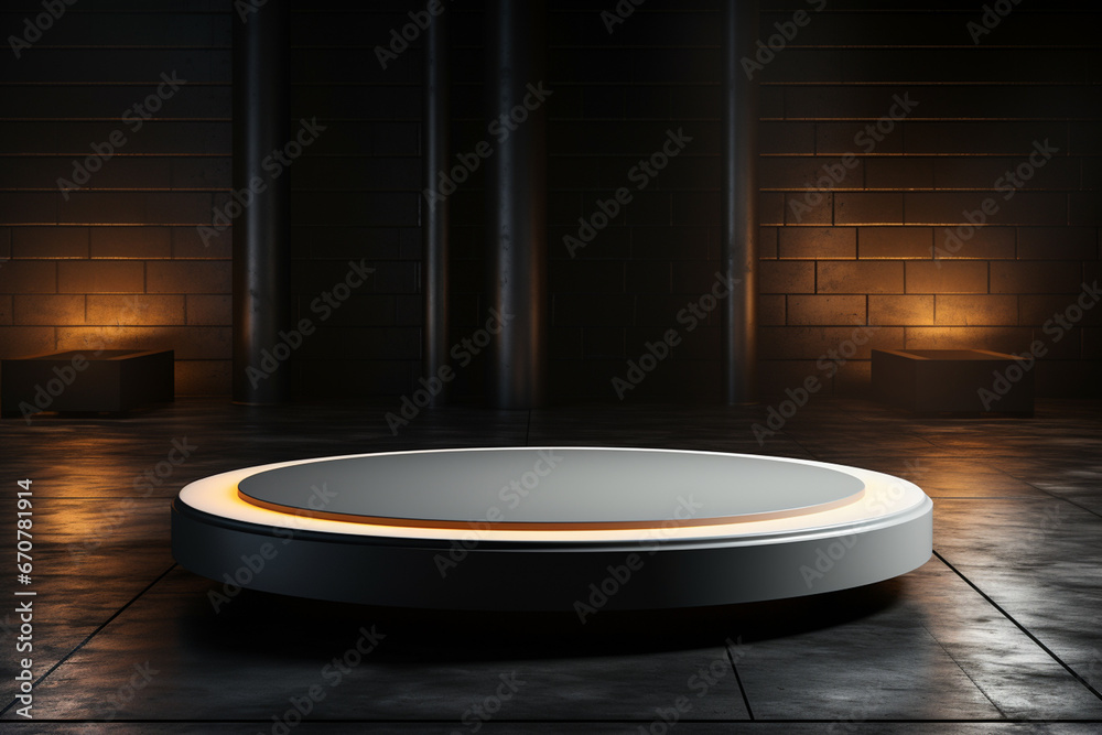 Ai Generative photo white light round podium and black background for mock up realistic image Ai Generative photo white light round podium and black background for mock up realistic image