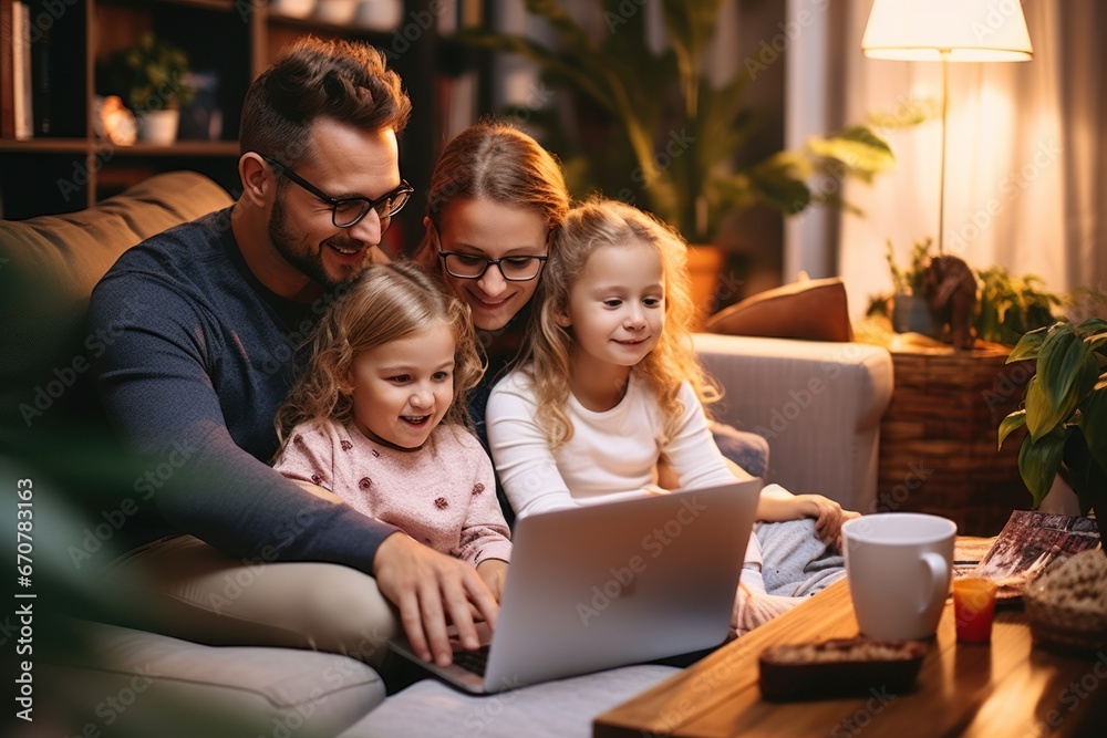 Family with little kids spend time together seated on couch in living room Family with little kids spend time together seated on couch in living room