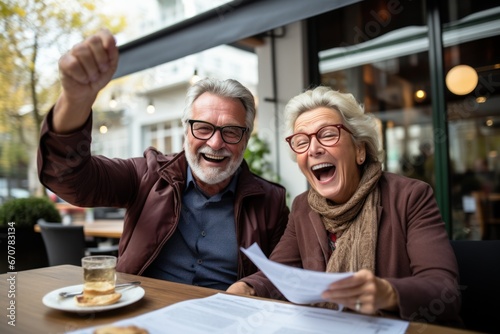 Excited elderly couple gives five points, adult family celebrates success, pays check or pays house bill