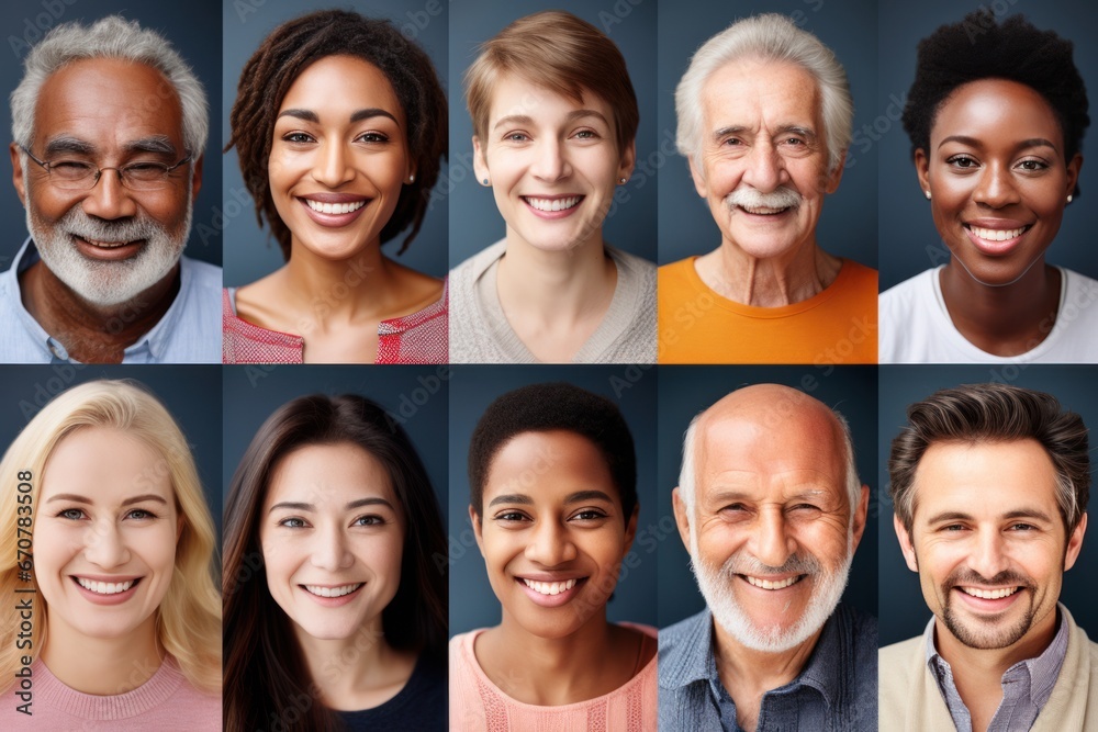 Happy Different Nationalities Kids and Adults Group Headshots in Mosaic Collage Collection. Lots of Smiles.