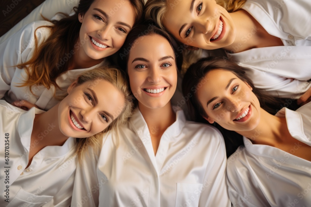 Top view of five women in white bathrobes lying on the bed, smiling looking at the camera, feeling happy. Top view of five women in white bathrobes lying on the bed, smiling looking at the camera, feeling happy.