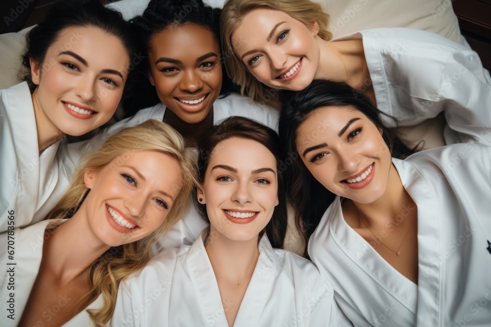 Top view of five women in white bathrobes lying on the bed, smiling looking at the camera, feeling happy. Top view of five women in white bathrobes lying on the bed, smiling looking at the camera, feeling happy.