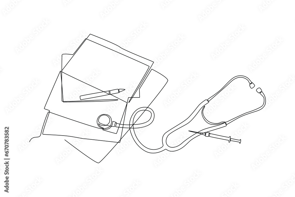 One continuous line drawing of Pharmaceuticals and medication. Medical concept. Doodle vector illustration in simple linear style.