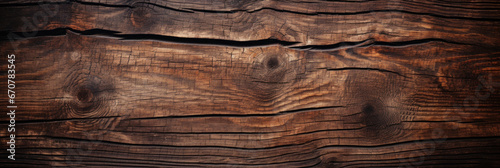 Vintage wood texture, old dark brown cracked plank. Weathered long wooden board with natural pattern and color. Theme of background, timber, tree, woodgrain, nature, knot, structure