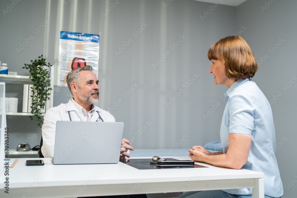 Caucasian senior woman visit and consult health problem with doctor. Caucasian senior woman visit and consult health problem with doctor.