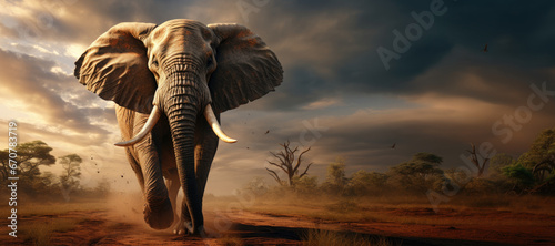 Elephant Roaming at Sunset in African Savannah