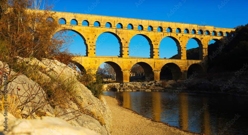 Picture of old Roman Bridge Pont du Gard in autumn in South of France