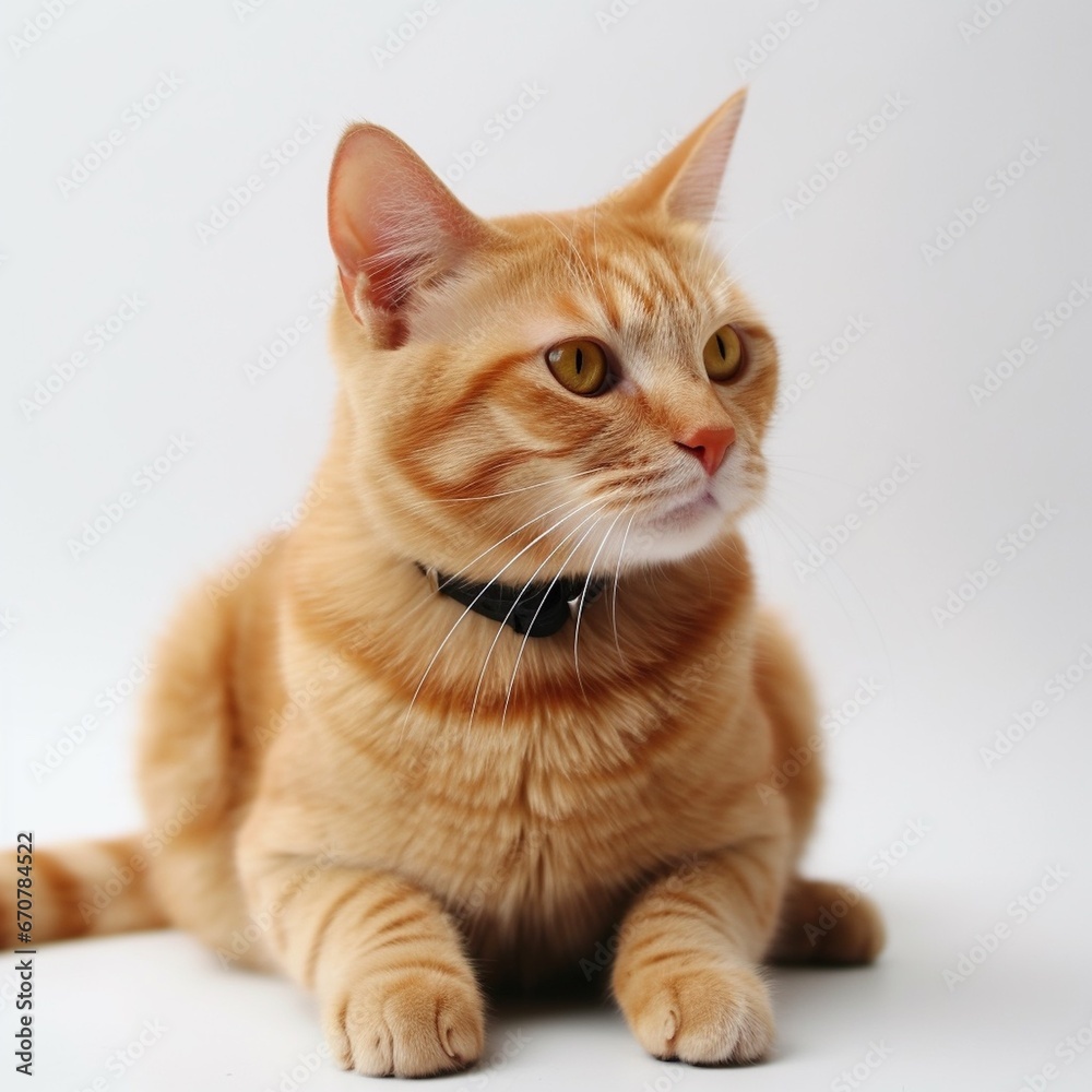 orange cat laying down wearing a collar on white background