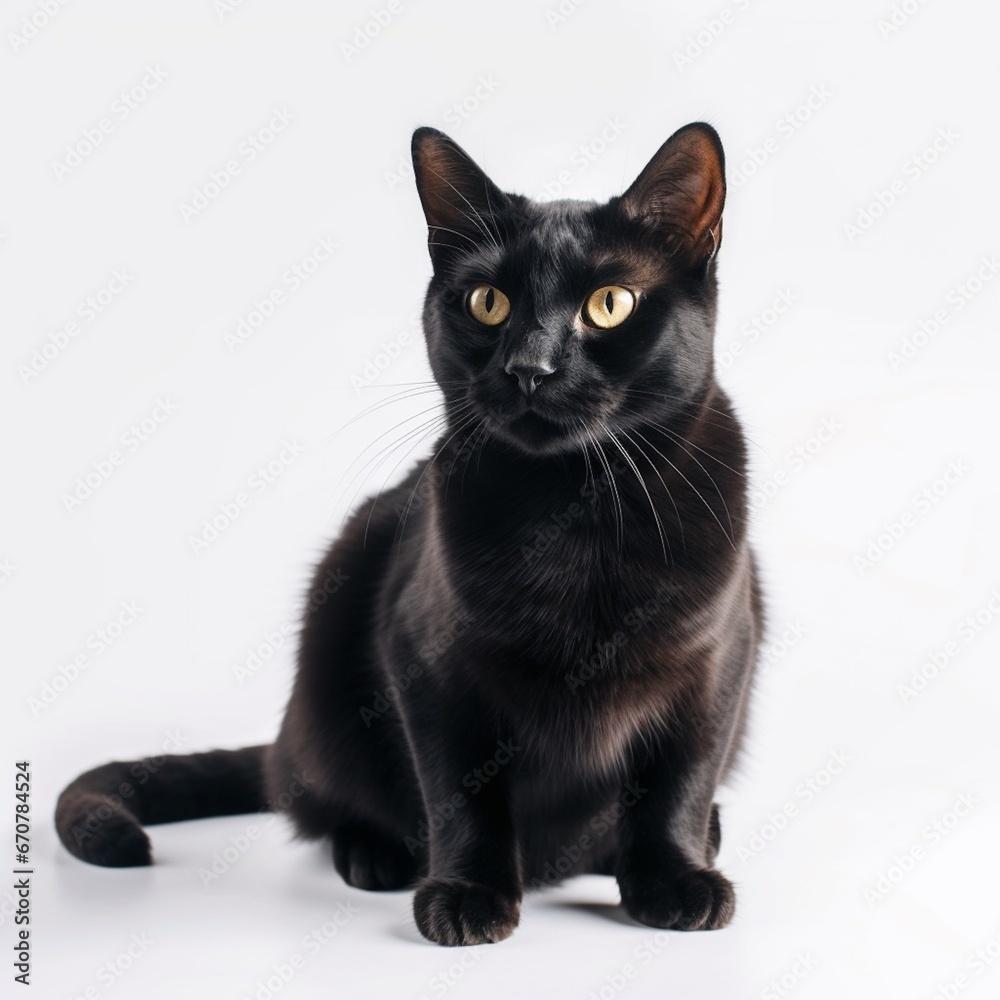 black cat sitting on white background, isolated photograph
