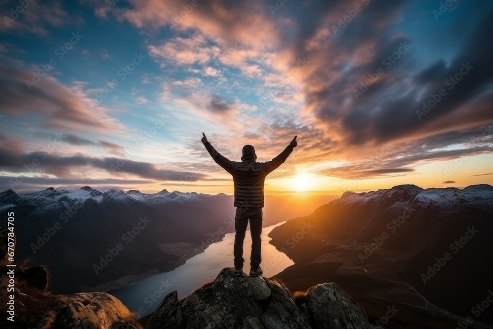 A man praying on the top of a mountain. Religious concept with selective focus and copy space