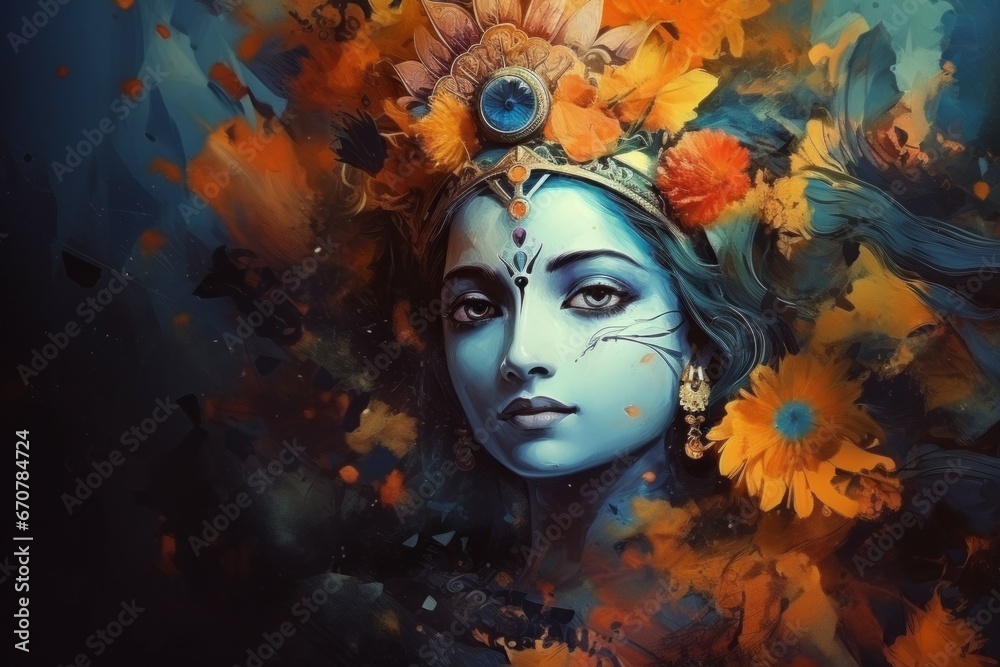 Krishna in Asian style. Religious concept with selective focus and copy space