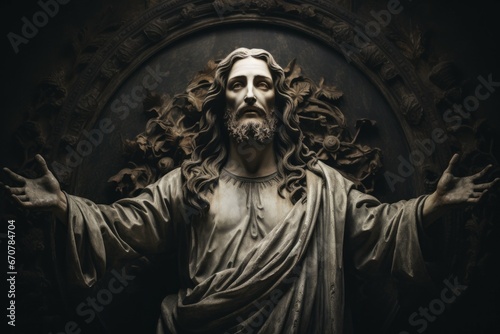 Jesus Christ in the form of a monument. Religious concept with selective focus and copy space