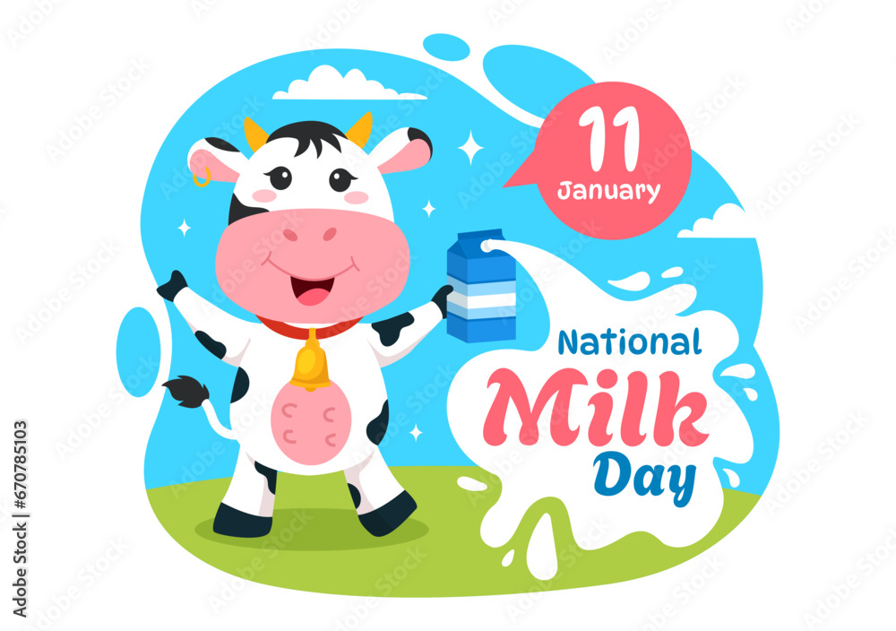 National Milk Day Vector Illustration on 11 January with Milks Drinks and Cow for Poster or Landing Page in Holiday Celebration Cartoon Background