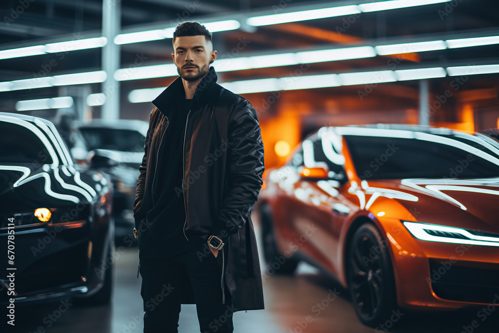 Confident and stylish man is driving an electric car Confident and stylish man is driving an electric car