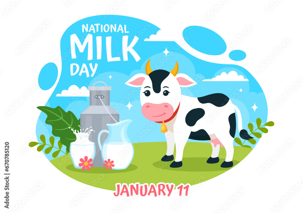 National Milk Day Vector Illustration on 11 January with Milks Drinks and Cow for Poster or Landing Page in Holiday Celebration Cartoon Background National Milk Day Vector Illustration on 11 January with Milks Drinks and Cow for Poster or Landing Page in Holiday Celebration Cartoon Background