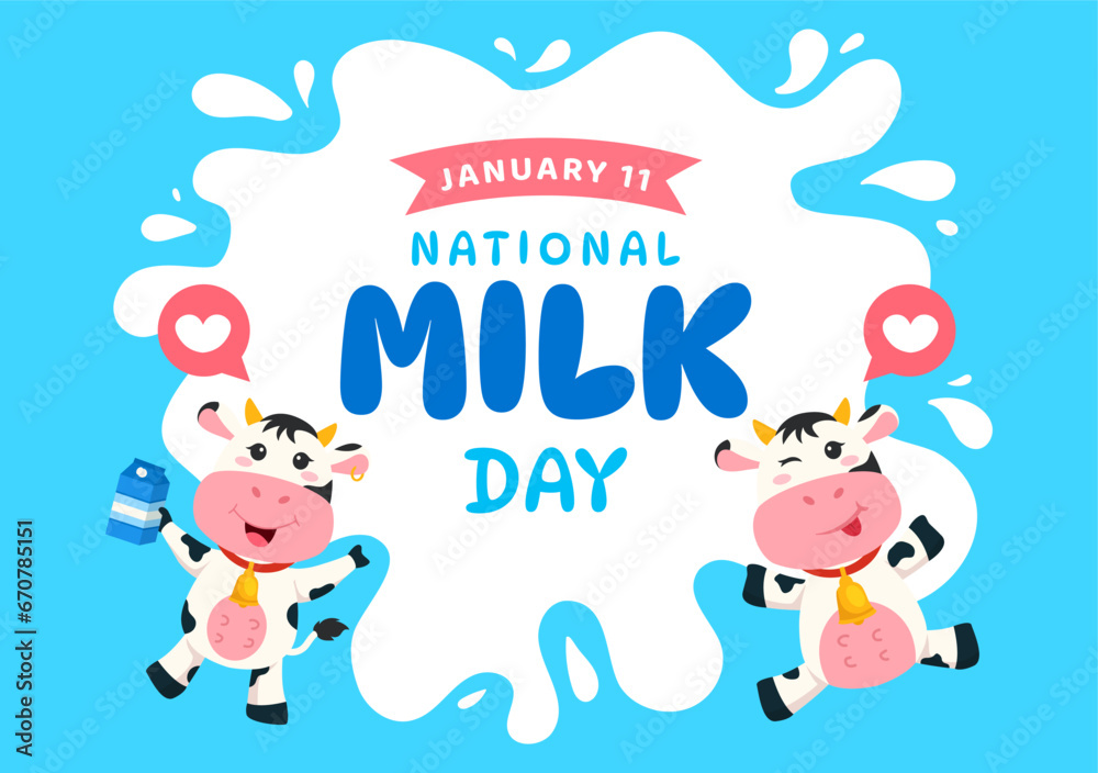 National Milk Day Vector Illustration on 11 January with Milks Drinks and Cow for Poster or Landing Page in Holiday Celebration Cartoon Background National Milk Day Vector Illustration on 11 January with Milks Drinks and Cow for Poster or Landing Page in Holiday Celebration Cartoon Background